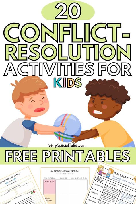 Title 20 Conflict-resolution activities for kids. Pin shows an illustration of two kids fighting for a ball. And it shows some printables at the bottom of the image announcing they are free downloads Preschool Conflict Resolution, Kindergarten Conflict Resolution Activities, Conflict Resolution Kindergarten, Peer Conflict Resolution Activities, Sibling Conflict Resolution Activities, Conflict Resolution Activities For Kids, Conflict Resolution Activities For Teens, Social Activities For Kids, Resolution Activities For Kids