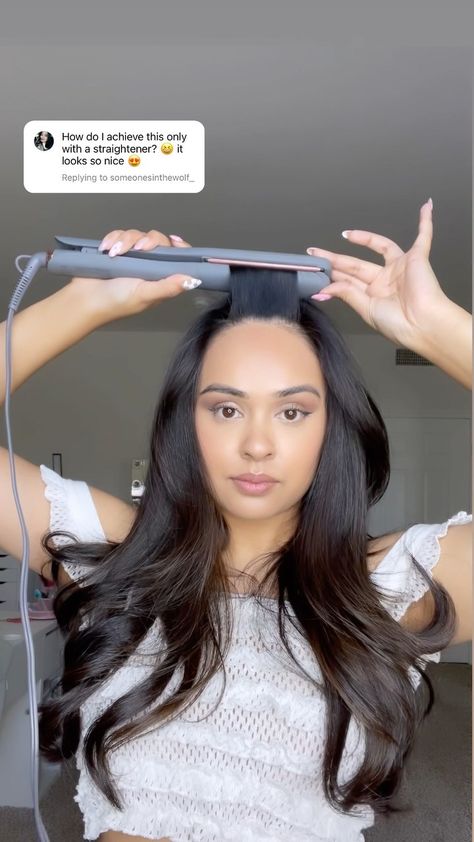 cynthiadhimdishair on Instagram: Styling curtain bangs with a straightener�💕 You can also add a roller over it and let it sit for a few minutes for extra volume.… How To Create Curtain Bangs, Bangs With Straightener, Style Curtain Bangs With Straightener, Styling Curtain Bangs, Perfect Bangs, Bangs Tutorial, Romantic Updo, New Template, Fun Hair