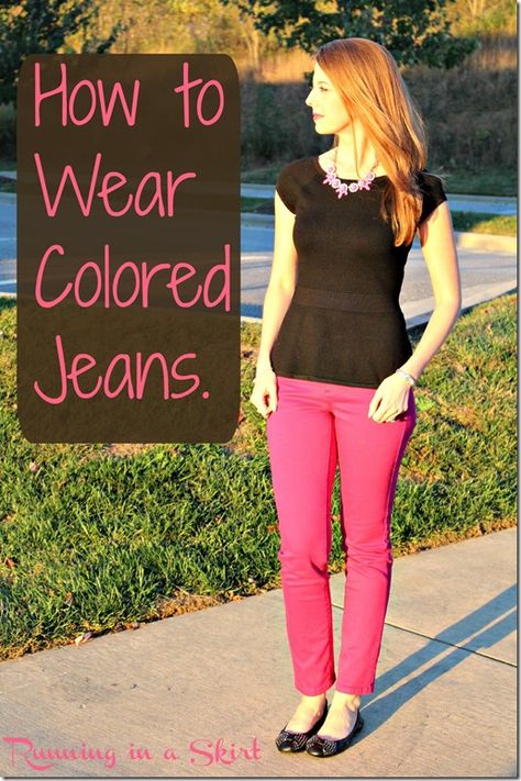 How to Wear Colored Jeans. Tips and tricks to pull off colorful jeans! Everyday & wearable fashion ideas. / Running in a Skirt How To Wear Colored Jeans, How To Style Colored Jeans, Coloured Jeans Outfits, Colored Jeans Outfits, Coloured Jeans, Fashion Friday, Stylish Fashion, Jean Outfits, Colored Jeans