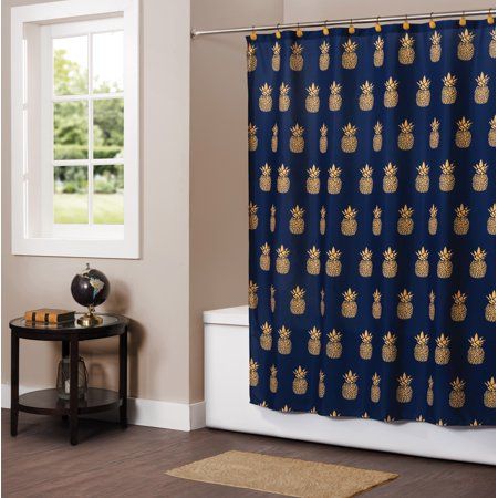 Pineapple Shower Curtain, Navy Blue Shower Curtain, Pineapple Accessories, Shower Curtain Blue, Pineapple Fabric, Blue Shower Curtains, Fabric Shower Curtain, Trellis Pattern, Shower Curtain Hooks