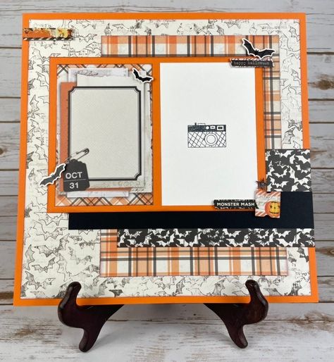 Carving Pumpkins Scrapbook Layouts, Scrapbook Layout 2 Photos, Halloween Scrapbook Ideas, Halloween Scrapbook Pages, Scrapbook Page Layouts Templates, Two Page Scrapbook Layouts, Scrapbook Ideas Simple, Halloween Scrapbook Layouts, Orange Photo