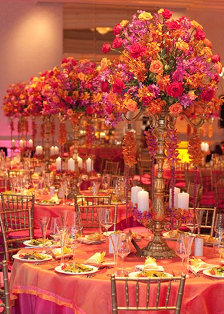 Color scheme Hindi Wedding Decoration, Diy Candy Bar Wedding, Pink Purple Orange Centerpiece, Colourful Sangeet Decor, Fuschia Orange Yellow Wedding, Colorful Sangeet Decor, Pink And Orange Indian Wedding Decor, Debut Decorations, Orange Wedding Bouquet