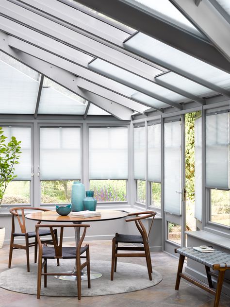 Smart, sleek & energy saving- Duette conservatory Blinds Conservatory Roof Blinds, Conservatory Interiors, Conservatory Blinds, Living Room Shutters, Blinds For French Doors, Shutters Living Room, Modern Conservatory, Automatic Blinds, Patio Door Blinds