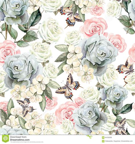 Pattern with Watercolor Realistic Roses, Butterflies and Plants. Stock Illustration - Illustration of lavender, fashion: 94782509 Watercolor Realistic, Lavender Fashion, Decorative Paper Napkins, Napkins For Decoupage, Paper Decoupage, Realistic Rose, Decoupage Glass, Butterfly Plants, Napkin Decoupage