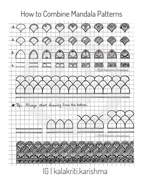 Karishma Srivastava | Mandala on Instagram: “📝Pattern Sheet- 19📝 Tutorial: How to Combine Mandala Patterns Slide 1: Process video Slide 2: Step-by-step Illustration Please let me…” Karishma Srivastava, Kalakriti Karishma, Mandala Leaf, Step Illustration, Mandela Patterns, Graph Paper Designs, Pattern Mandala, Instagram Pattern, Zen Doodle Patterns