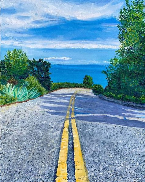 Sunday Drives by Nicole Wilson (@nicolewilsonpaints). . Plein air painting - Oil on canvas 12 x 16 in. . . Artist statement: "I painted this for my boyfriend after our trip to Malibu. I hope to move back to California one day so this painting represents a bright future and a road home for me." NW (Best wishes, Nicole! Loved this! 💙 SL). .  Support artists! Like, share and comment! 💙 . ➡️ Follow @art_feature_magazine ➡️#tagforshoutout! 💙 . . . #road #drive #sundayfunday #backroads #oilpainting Road Canvas Painting, Painting Roads On Canvas, Wilson Hurley Paintings, Road Oil Painting, Acrylic Painting Lake Dock, Road Drawing, Things To Paint, Parking Spot Painting, Beach Road Trip