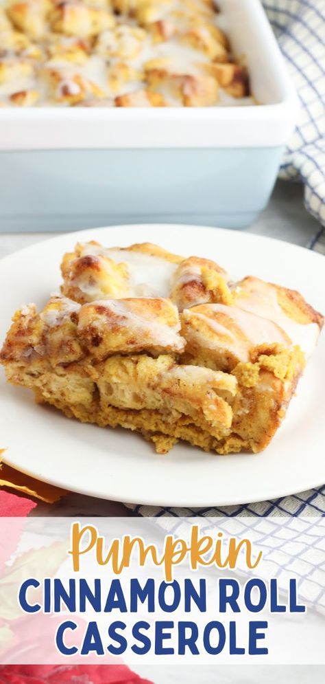 Fall Baking Dreams Come True! This Pumpkin Cinnamon Roll Casserole is the perfect Fall baking recipe or dessert. Imagine soft, fluffy cinnamon rolls filled with pumpkin spice and drizzled with a decadent cinnamon roll icing. The best Fall breakfast idea for holiday gatherings. Everyone will love it! Click through to easily SAVE the recipe! Pumpkin Cinnamon Roll Casserole, Cinnamon Rolls Pumpkin, Best Cinnamon Roll Recipe, Easy Cinnamon Rolls Recipe, Cinnamon Roll Casserole, Pumpkin Dishes, Fall Baking Recipes, Cinnamon Rolls Easy, Pumpkin Recipes Easy