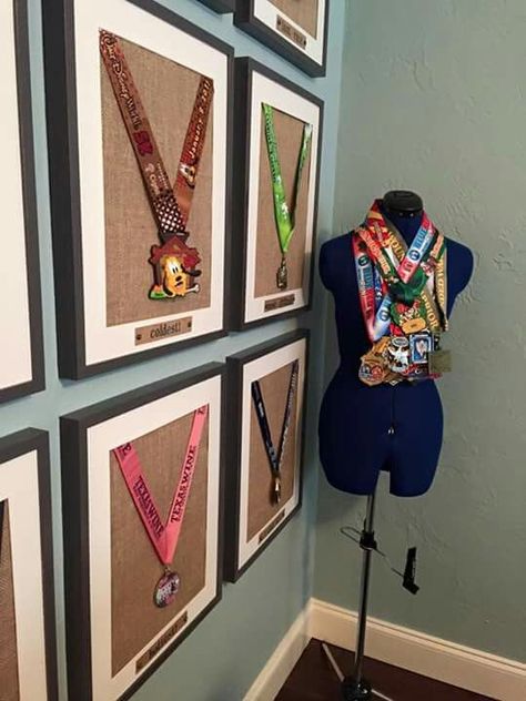 6 Creative Ideas To Display Your Medals | JustRunLah! Race Medal Displays, Marathon Medal Display, Sports Medal Display, Running Medal Display, Gymnastics Medals, Marathon Medal, Trophy Display, Ribbon Display, Race Medal