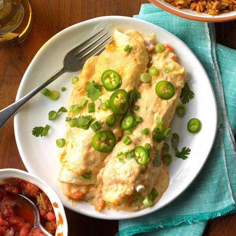 Recipe from Taste of Home Seafood Enchiladas Recipe, Seafood Enchiladas, Creamy Seafood, Green Chilis, Lent Recipes, Enchiladas Recipe, Christmas Recipes Easy, Best Casseroles, Enchilada Casserole