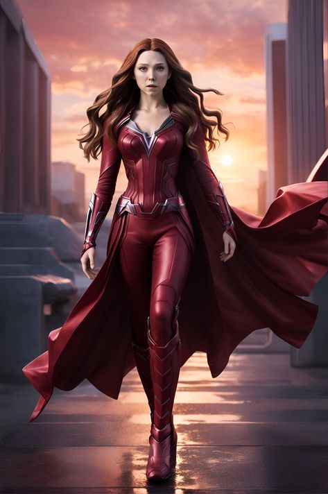 Sci Fi Movie Costumes, Wanda Suit Design, Women Superhero Cosplay, Red Hero Suit, Superhero Female Costume, Scarlet Witch Outfit Ideas, Black Superhero Suit Female, Avengers Suit Ideas, Red Superhero Suit Female