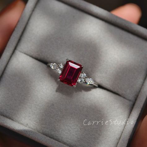 Ruby Diamond Rings Square, Big Ruby Engagement Ring, Ring Designs Ruby, Emerald Cut Ruby Ring, Ruby Engagement Ring Silver, Vintage Engagement Rings Silver, Eccentric Jewelry, Red Engagement Ring, Ruby Engagement Rings