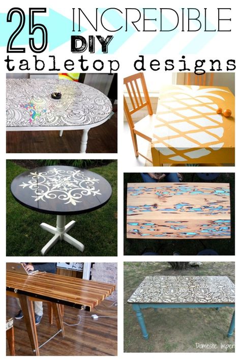 If the top of your table is damaged or if you're just looking for a fresh new look, try one of these DIY tabletop designs, from faux finishes to fun stencils. Tabletop Designs Painted, Creative Table Top Ideas, Stencil Tile Table Top, Tabletop Refinishing Ideas, Painted Tabletop Ideas, Mdf Table Top Diy, Diy Painted Table Top Ideas, Table Painting Ideas Diy, Table Top Design Ideas