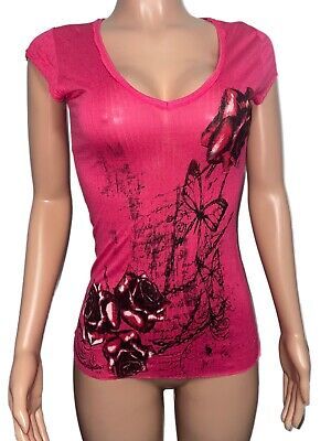 Y2K pink burnt-out floral t-shirt top v-neck sz L fairycore Cottage Barbiecore  | eBay