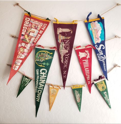 Displaying Pennant Flags, Decorating With Pennants, Pennant Flag Wall Decor, Pennant Decor Ideas, Pennant Flag Display, Pennant Display Ideas, Hanging Pennants On Wall, Pennant Wall Decor, Vintage Pennant Decor