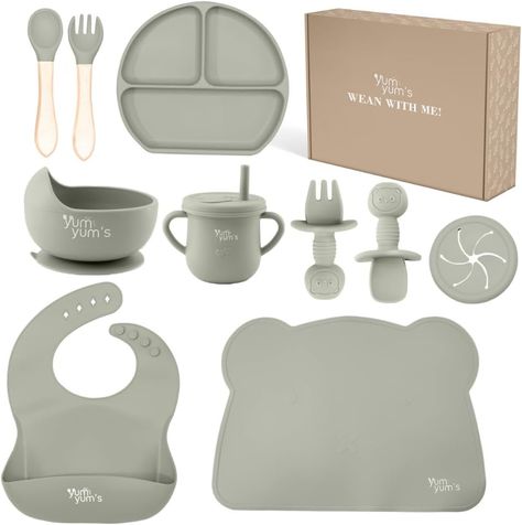 Yum Yum's Baby Weaning Set – includes Toddler Water Bottle, Suction Cups, Suction Bowl, Spoon, Fork, Baby Plate & More - Ideal Baby Feeding Set & Baby Gifts & Present - 10 Pieces (Olive) Baby Plates Set, Toddler Water Bottle, Baby Dinner, Baby Table, Baby Essentials Newborn, Camping With A Baby, Baby Teether Toys, Toddler Cup, Baby Feeding Set