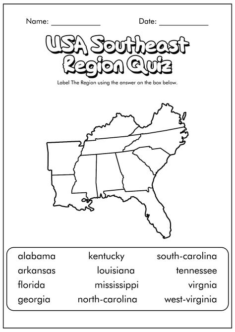 Us Regions Map Free Printable, Southeast Region Map, States Worksheets, Us Map Printable, Studying Geography, Books For First Graders, Culture Studies, Blank World Map, Map Skills Worksheets