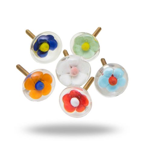 Our colourful glass floral knobs will look great in any type of decor!This decorative knob looks great on so many different pieces of furniture and we have many more styles available! Check out our shop to see our full line of decorative furniture door knobs. Glass knob with an iron screw Diameter 3.0 x Depth 1.5 x Screw Size 4.0cm Summer Trifle, Flower Knobs, Unique Knobs, Ceramic Furniture, Decorative Knobs, Furniture Knobs, Ceramic Knobs, Glass Knobs, Drawer Pull