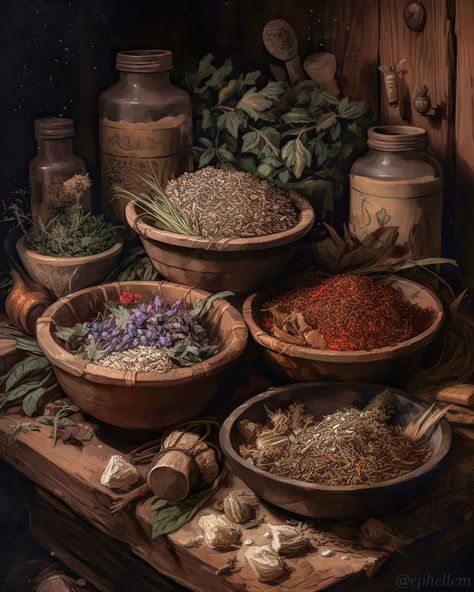 Medieval Apothecary Aesthetic, Apothecary Concept Art, Medieval Herbalist, Fantasy Medicine, Herbology Aesthetic, Fantasy Apothecary, Herbs Aesthetic, Herbalist Shop, Herbal Medicine Cabinet