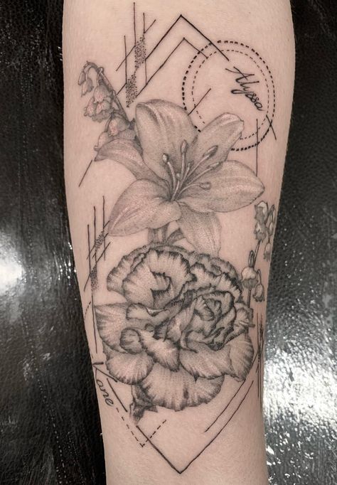 A floral piece, consisting of a Lily and a Carnation, done by @jenskinart in her usual black and grey style, with geometric linework. Carnation Tattoo, Mama Tried, Grey Style, Best Tattoo, Hidden Gem, Black And Grey Tattoos, Grey Fashion, Tattoos And Piercings, Maple Leaf Tattoo