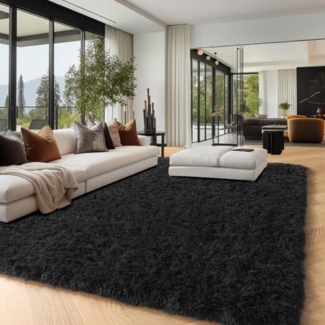 Black Rug Bedroom Aesthetic, Black Shag Rug Living Room, Rugs For Boys Room, Black Rug Living Room Decor, Playroom Apartment, Black Carpet Living Room, Black Rug Living Room, Modern Living Room Black, Boys Dorm Room