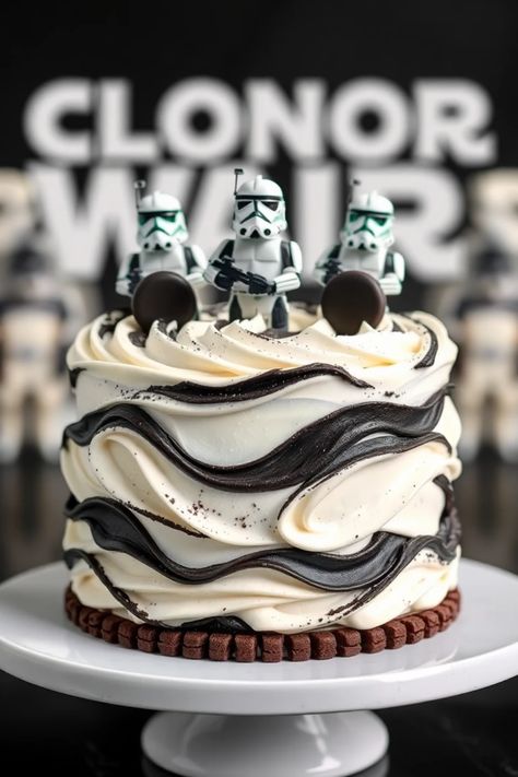 Explore 20 exciting Star Wars cake ideas featuring imaginative designs like Clone Trooper cookies and cream. Perfect for any celebration, these themed cakes bring the magic of the franchise to life! Star Wars 40th Birthday Ideas For Men, Adult Star Wars Birthday Party Ideas, One With The Force First Birthday, Starwars Party Ideas, Star Wars Cake Ideas, Unique Cake Ideas, Star Wars Theme Birthday, Star Wars Party Decorations, Themed Cake Ideas