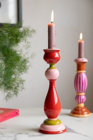 Pink And Red Room Decor, Ceramic Candle Stick Holders, Aesthetic Kitchenware, Ginger Cakes, Paper Mache Art Sculpture, Red Room Decor, Painted Candlesticks, Pottery Inspo, Paper Mache Art