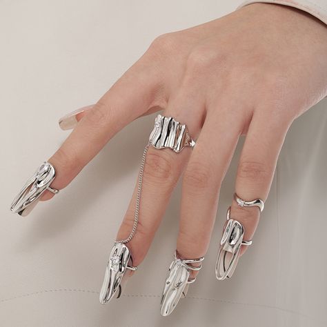 FanYin Metal Nail Art Ring Set Combination Joint Ring for Women INS Selling Trend Party Jewelry Finger Nail Rings, Nail Rings Jewelry, Wudu Nail Rings, Fingernail Rings, Fingernail Ring, Fingertip Rings, Ring Nails, Nails Rings, Metal Nail Art