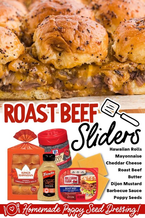 Close up shot of roast beef sliders and the ingredients used for the sliders. Roast Beef Lunch Meat Ideas, Roasted Beef Sandwich, Canned Roast Beef Recipes Dinners, Poker Food, Roast Beef Lunch, Roast Beef Sliders Recipes, Gameday Recipes, Sliders Recipes Beef, Roll Sliders