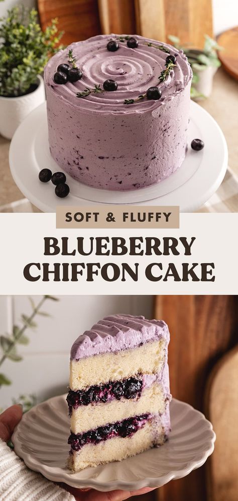 This blueberry chiffon cake is made with soft and fluffy layers of chiffon cake with homemade blueberry jam in between each layer and blueberry whipped cream frosting. It's made entirely with frozen blueberries and all naturally-coloured! Blueberry Cake Recipes Birthday, Chiffon Cake Aesthetic, Berry Whipped Cream Cake, Blueberry Cloud Cake, Blueberry Cake With Box Cake, Berry Cake Design, Fruity Cake Flavors, Fluffy Cake Frosting, Fruity Cake Recipes