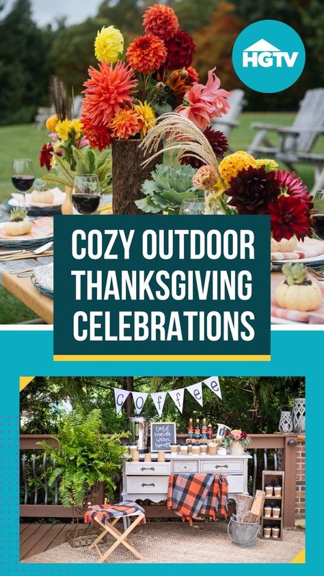 Outdoor Friendsgiving Party, Outdoor Thanksgiving Dinner Party Ideas, Outdoor Thanksgiving Dinner, Outside Thanksgiving, Backyard Porch Patio, Thanksgiving Meal Plan, Outdoor Dinner Table, Hosting Thanksgiving Dinner, Outdoor Thanksgiving