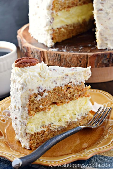 This Carrot Cake Cheesecake Cake recipe is a showstopper! Layers of homemade carrot cake, a cheesecake center and it's all topped with a delicious cream cheese frosting! Carrot Cake Cheesecake Recipe, Carrot Cheesecake, Cheesecake Cake Recipes, Homemade Carrot Cake, Carrot Cake With Cream Cheese, Carrot Cake Cheesecake, Easy Carrot Cake, Cake Delicious, Shugary Sweets