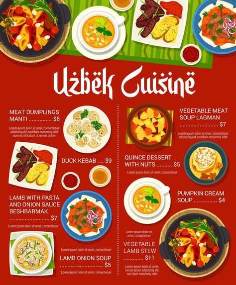 Uzbek cuisine menu, food of Uzbekistan and dishes Uzbek Food, Uzbekistan Food, Meat Dumplings, Menu Food, Recipe Icon, Food Ad, Dumplings For Soup, Vector Brush, Onion Sauce