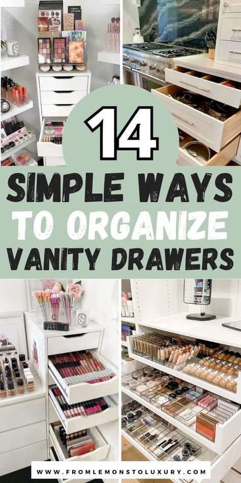 Best Way To Organize Makeup Drawer, Make Up Organization Ideas Drawers, How To Organize Vanity Drawers, How To Organize Makeup Vanity, Makeup Drawer Organization Vanity Ideas, How To Organize Your Vanity, Vanity Ideas Organization, Vanity Must Haves, Makeup Organization Drawer