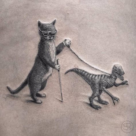 A blind cat walking his guiding-velociraptor tattoo. Wraped around the leg a bit, so pasted two pictures together. Thanks, Annemie! Instagram Tattoos, Blind Cat, Designs Quotes, Cat Walking, Dinosaur Tattoos, Tattoo Magazine, Cat Tat, Body Tattoo, Funny Tattoos