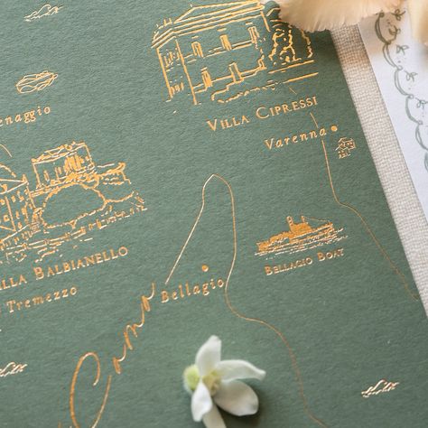 Gold hot letterpress on wedding maps for your wedding invitations. A Lake Como map helping your guests understand your wedding itinerary Wedding Maps, Como Wedding, Wedding Itinerary, Lake Como Wedding, Wedding Map, Letterpress Wedding, Wedding Invite, Lake Como, Letterpress