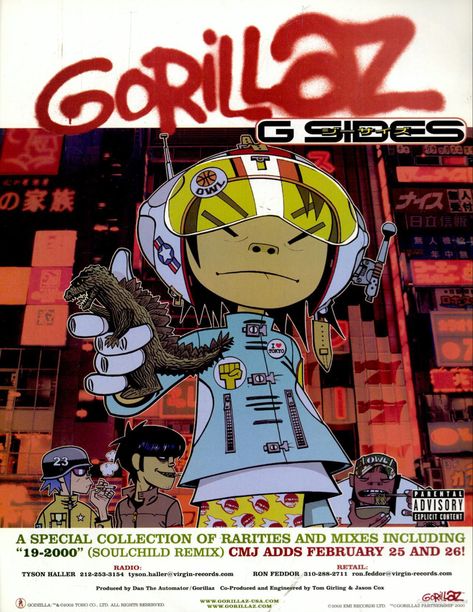 Gorillaz Magazine Cover, Gorillaz Poster Aesthetic, Vintage Gorillaz Poster, 2000s Album Covers, 2000s Advertisements, Gorillaz G Sides, Gorillaz Album Cover, Poster Advertising Design, Gorillaz Poster