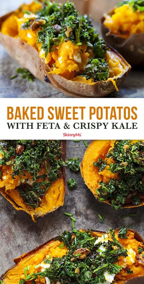 Vegan Twice Baked Sweet Potatoes, Roasted Kale And Sweet Potato, Sweet Potato Boats With Pecan Feta Date Crumble, Baked Sweet Potato Toppings Healthy, Sweet Potato Kale Recipes, Sweet Potato Feta Recipes, Loaded Sweet Potato Healthy, Kale Sweet Potato Recipes, Healthy Baked Sweet Potato Recipes