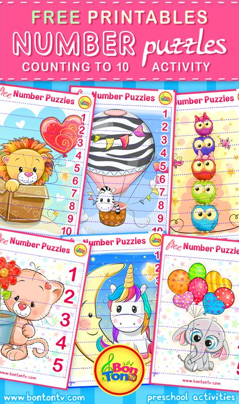 Number Puzzles - FREE Preschool Printables for Kids - Learning Numbers, Counting 1-10 - Fun Math Activities and Worksheets for Homeschooling, Kindergarten and Grade 1 - by BonTon TV #numbers #preschool #printables #worksheets #bontontv Tv Printables, Caterpillar Preschool, Kids Learning Numbers, Homeschooling Kindergarten, Preschool Puzzles, Abc Puzzle, Math Pictures, Numbers Counting, Maths Worksheets