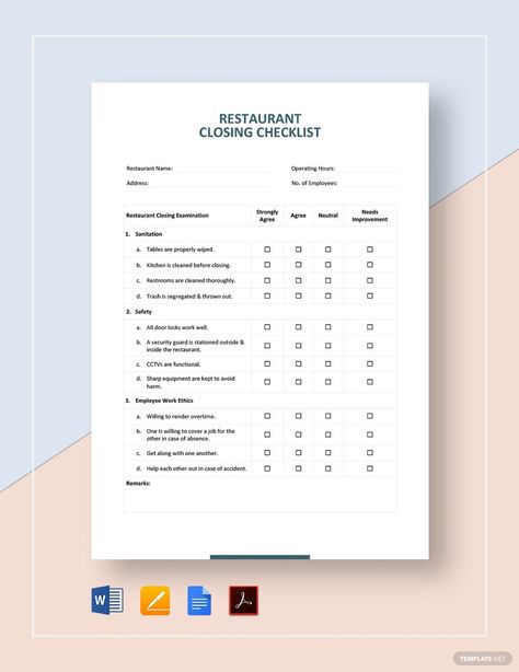 Restaurant Closing Checklist Template Work Checklist, Closing Checklist, Application Letter Template, Wedding Day Timeline Template, Binder Cover Templates, Performance Management, Letter Templates Free, Side Work, Application Letters