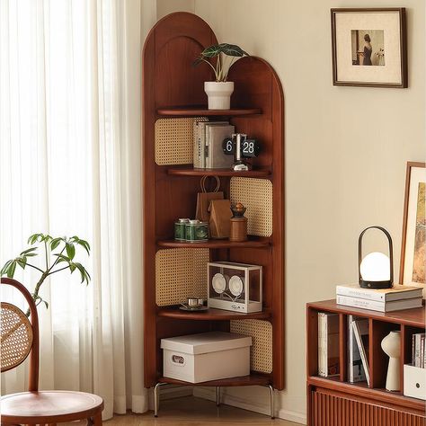 Hernest Mid-Century Walnut Corner Bookcase with Rattan Design, 5 Tier Wooden Bookshelves with Stainless Metal Legs for Living Room and Home Office Bookcase Mid Century Modern, Corner Wall Storage, Mid Century Corner Shelf, Mid Century Reading Corner, Mid Century Shelf Styling, Small Corner Ideas Living Room, 70s Bookshelf, Indian Bookshelf, Mid Century Built Ins