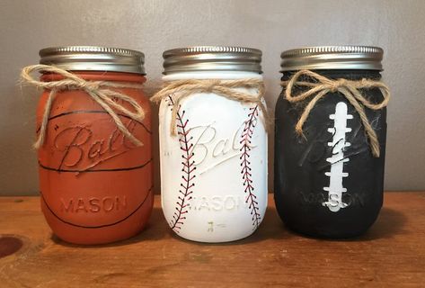 Baby Boy Baseball, Straw Holder, Jar Centerpieces, Jar Art, Mason Jar Crafts Diy, Jewelry Hanger, Boys Basketball, Shower Centerpieces, Painted Jars