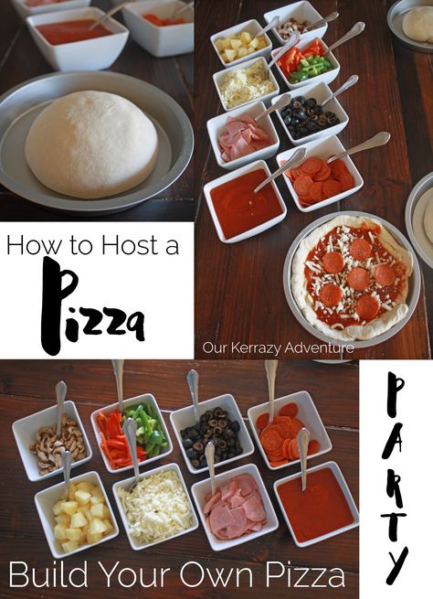 How to Host a Build Your Own Pizza Party - Our Kerrazy Adventure Personal Pizza Party, Pizza Night Party, Pizza Bar Party, Pizza Dinner Party, Build Your Own Pizza, Kids Pizza Party, Pizza Party Birthday, Party Food Bars, Pizza Buffet