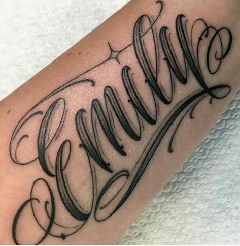 Emily In Graffiti Letters, Emily Name Tattoo, Name Lettering Tattoo, Emily Tattoo, Family Name Tattoos, Stomach Tattoos Women, Line Tattoo Ideas, Tattoo Lettering Design, Girl Back Tattoos