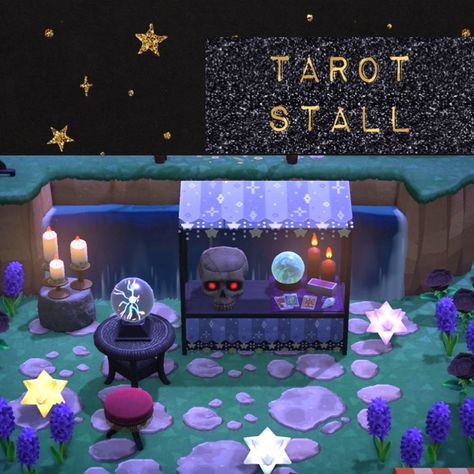 Witchy Custom Design Animal Crossing, Animal Crossing Witch Island, Acnh Tarot Stall, Animal Crossing Witchy Island Ideas, Animal Crossing Stalls, Witch Core Animal Crossing, Scary Animal Crossing Island Ideas, Witch Animal Crossing Custom Designs, Acnh Fortune Teller Stall