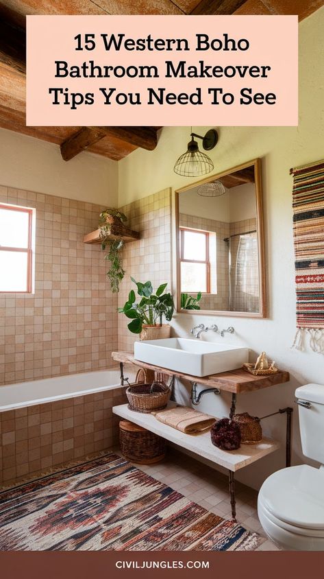 Elevate your bathroom's style with these 21 stunning Western Boho bathroom ideas. Discover how to blend rustic charm, bold colors, and bohemian elements for a truly unique space. Explore different ways to add textures, patterns, and earthy tones to achieve a trendy and chic vibe. Bohemian Shower Ideas, Western Boho Bathroom, Creative Storage Ideas, Boho Bathroom Ideas, Bohemian Elements, Makeover Tips, Bathroom Decor Ideas, Boho Bathroom, Creative Storage