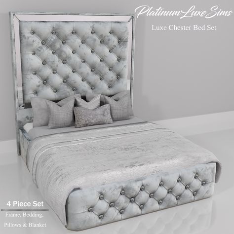 PlatinumLuxeSims — | Luxe Chester Bed Set | So here is our Chester... Black Sims 4 Furniture, Sims4 Pillow Cc, Sims 4 Mirrored Furniture, Bed Mods Sims 4, Sims 4 Bed Sets Cc, Sims4 Bed Covers Cc, Sims 4 Modern Bed Cc, Sims4 Cc Furniture Urban, Urban Bedroom Cc Sims 4