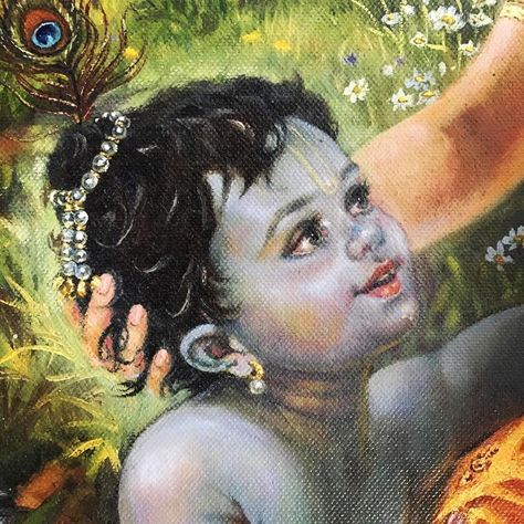 Baby Krishna looking up at his mother. He comes from a large painting I did 10 years ago called “Mother’s love” - artist Radhe Gendron Radhe Gendron, Hare Rama Hare Krishna, Krishna Consciousness, Krishna Avatar, Sweet Lord, Krishna Book, Little Krishna, Baby Krishna, Hinduism Art