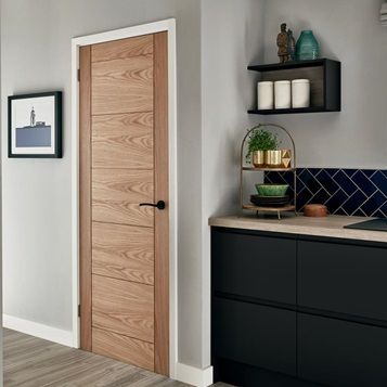 Doors With Black Handles, Internal Oak Doors, Panelled Doors, Oak Door, Black Interior Doors, Door Fittings, Kitchen Surfaces, Fitted Bathroom, Oak Panels