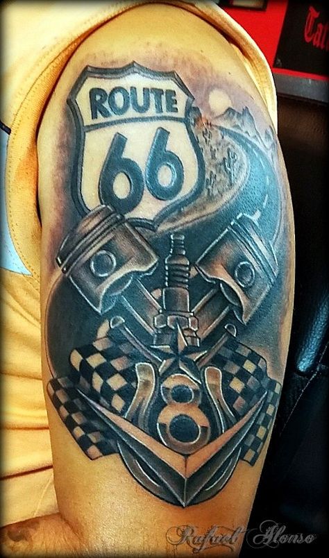 Automotive Tattoo Ideas, Auto Tattoo Ideas, Piston Tattoo Design, Route 66 Tattoo, Automotive Tattoo, V8 Tattoo, Piston Tattoo, Mechanic Tattoo, Car Brands Logos