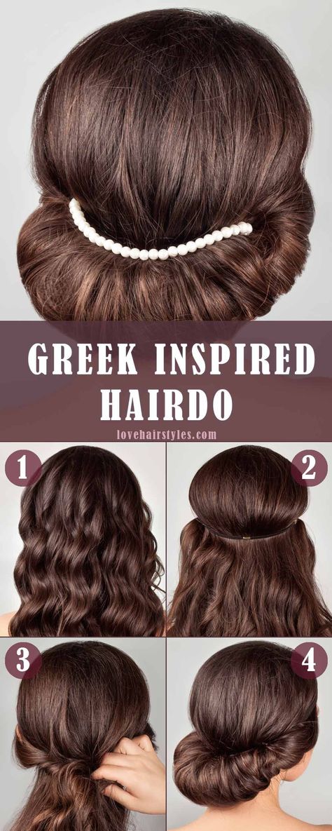 Greek Inspired Hairdo With Hair Accessories #lovehairstyles #hairstylessteptostep #tutorial Greek Goddess Hairstyles Easy, Greek Inspired Hairstyles, Greek Hairstyles Goddess, Greek Hairstyles, Greek Goddess Hairstyles, Grecian Hairstyles, Knot Hairstyle, Greek Hair, Easy Hairstyles For Medium Hair